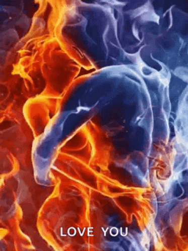 A Man And A Woman Are Surrounded By Flames And The Words `` Love You '' . GIF