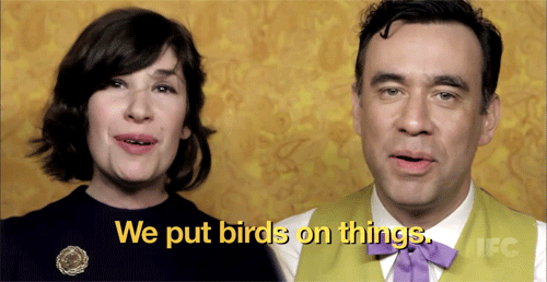 A Man And A Woman Are Talking About Birds And Things GIF