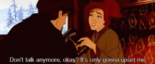 A Man And A Woman Are Talking And The Woman Is Saying " Don T Talk Anymore GIF