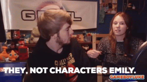 A Man And A Woman Are Talking In Front Of A Banner That Says " They Not Characters Emily " GIF
