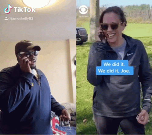 A Man And A Woman Are Talking On Their Cell Phones And One Of The Messages Says We Did It Joe GIF