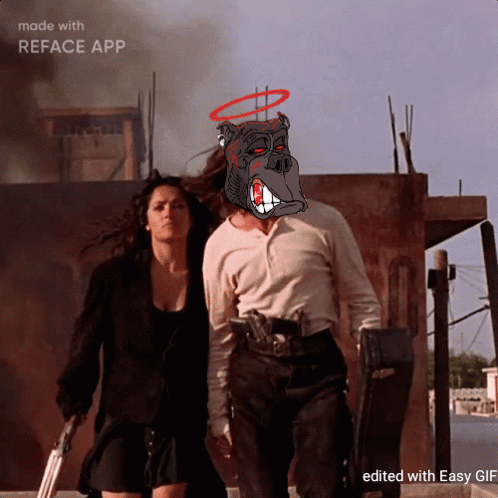 A Man And A Woman Are Walking With A Cartoon Of A Gorilla With A Halo On His Head Made With Reface App GIF