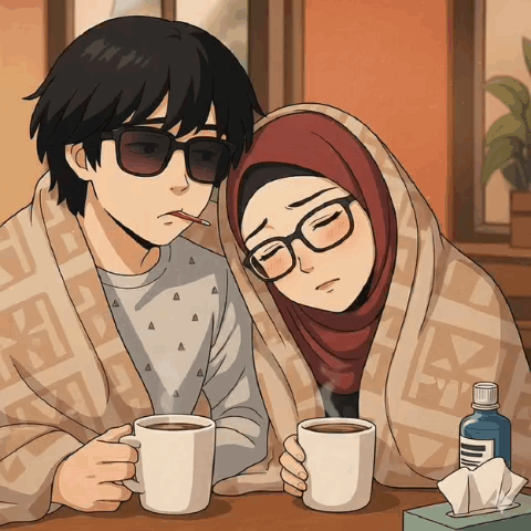 A Man And A Woman Are Wrapped In Blankets And Holding Coffee Cups GIF