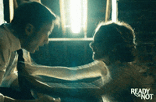 A Man And A Woman In A Bathtub With The Words Ready Or Not Written On The Bottom GIF