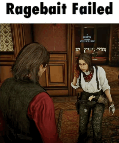A Man And A Woman In A Room With The Words Ragebait Failed Above Them GIF
