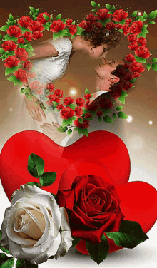 A Man And A Woman Kissing In Front Of A Heart Surrounded By Roses GIF