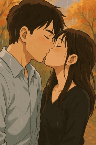 A Man And A Woman Kissing In The Rain With Trees In The Background GIF