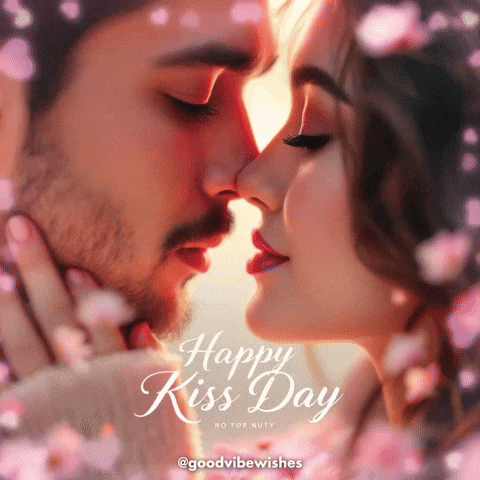 A Man And A Woman Kissing With The Words Happy Kiss Day GIF