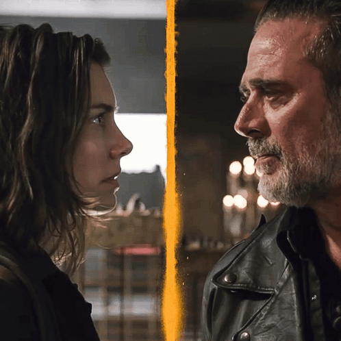 A Man And A Woman Looking At Each Other With A Yellow Stripe Between Them GIF
