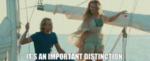 A Man And A Woman On A Sailboat With The Words " It 'S An Important Distinction " Written Below Them GIF