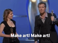 A Man And A Woman On A Stage With The Words Make Art Written On The Bottom GIF