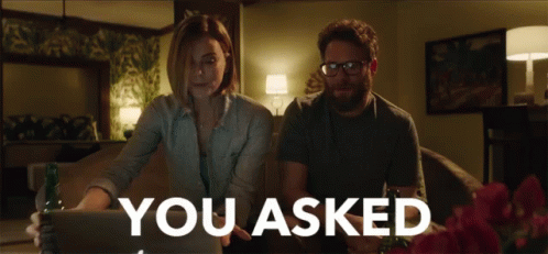 A Man And A Woman Sitting On A Couch With The Words You Asked Above Them GIF