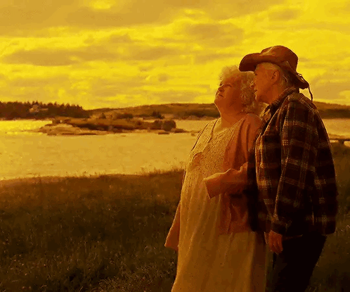 A Man And A Woman Standing In A Field Looking At A Body Of Water GIF