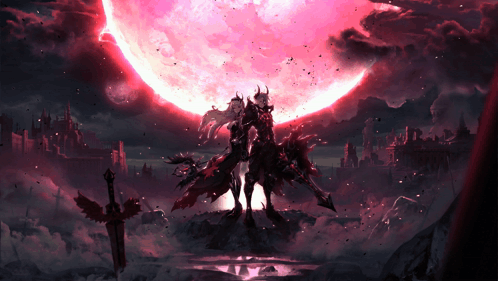 A Man And A Woman Standing In Front Of A Pink Moon GIF