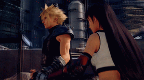 A Man And A Woman Standing Next To Each Other Holding Swords GIF