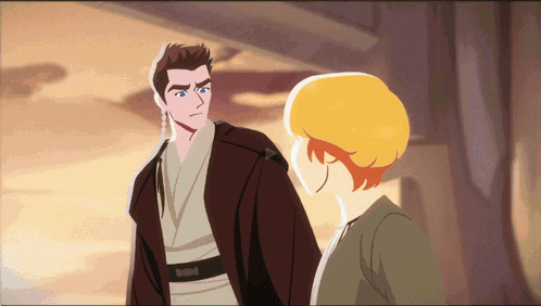A Man And A Woman Standing Next To Each Other In A Cartoon GIF