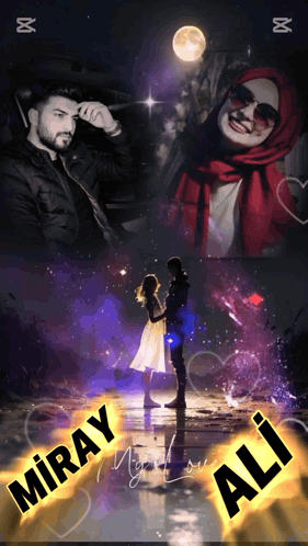 A Man And A Woman Standing Next To Each Other With Miray Ali Written On The Bottom GIF