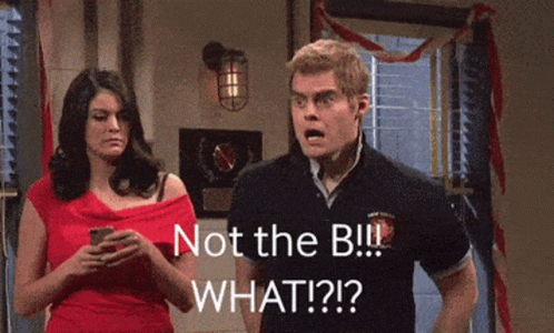 A Man And A Woman Standing Next To Each Other With The Man Saying Not The B GIF