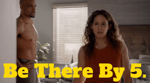 A Man And A Woman Standing Next To Each Other With The Words Be There By 5 Above Them GIF