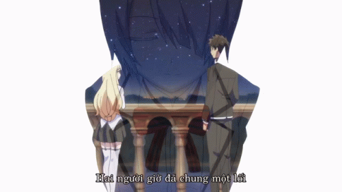 A Man And A Woman Standing Next To Each Other With The Words Hai Người Giờ Đã Chung Một Lời Below Them GIF