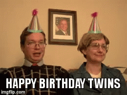 A Man And A Woman Wearing Party Hats With The Words Happy Birthday Twins Written On The Bottom GIF