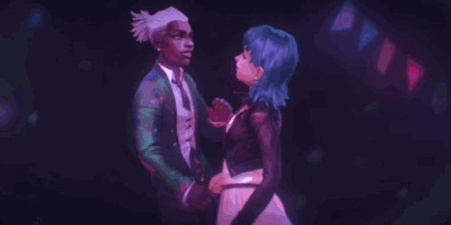 A Man And A Woman With Blue Hair Are Standing Next To Each Other . GIF