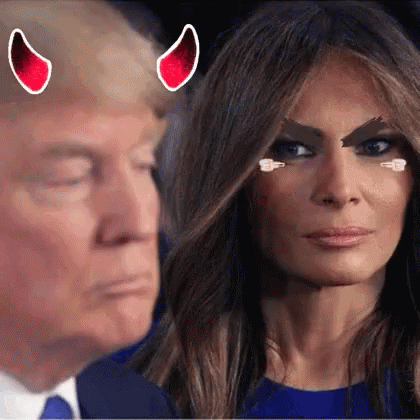 A Man And A Woman With Devil Horns On Their Faces Are Looking At Each Other . GIF