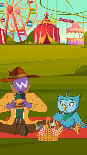 a man and an owl are having a picnic in front of a carnival tent that says cotton candy