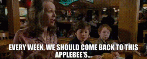 A Man And Two Children Are Sitting At A Table In A Restaurant With The Words Every Week We Should Come Back To This Appl GIF