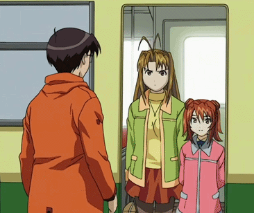 A Man And Two Girls Are Standing Next To Each Other In A Doorway GIF