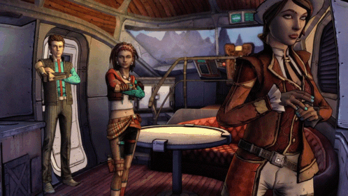 A Man And Two Women Are Standing In A Room With A Sign That Says " Exit " GIF