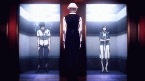 A Man And Two Women Are Standing In An Elevator Looking At Each Other . GIF