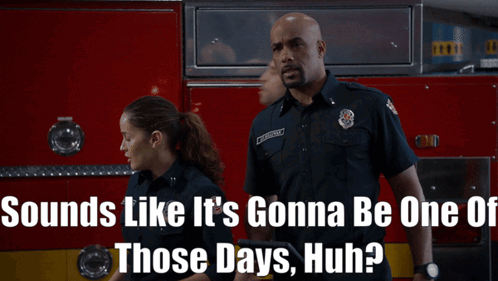 A Man And Two Women Standing In Front Of A Fire Truck With The Caption Sounds Like It 'S Gonna Be One GIF
