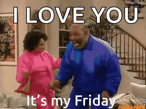 A Man And Woman Are Dancing In A Living Room With The Words " I Love You It 'S My Friday " Above Them GIF
