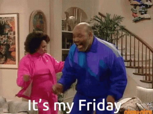 a man and woman are dancing in a living room with the words it 's my friday