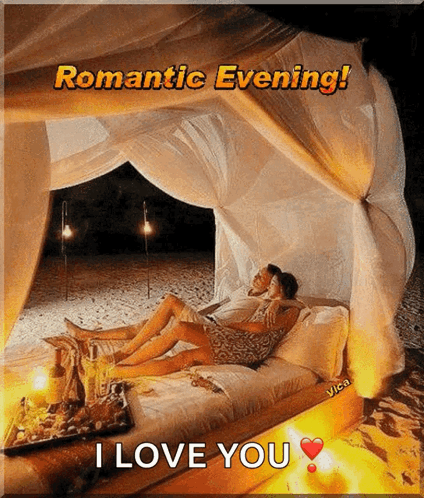 A Man And Woman Are Laying Under A Canopy On A Bed With The Words Romantic Evening I Love You GIF