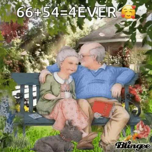 A Man And Woman Are Sitting On A Bench With A Dog . GIF