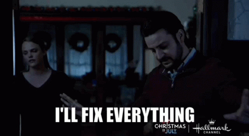 A Man And Woman Are Standing In A Dark Room With The Words I 'Ll Fix Everything Above Them GIF