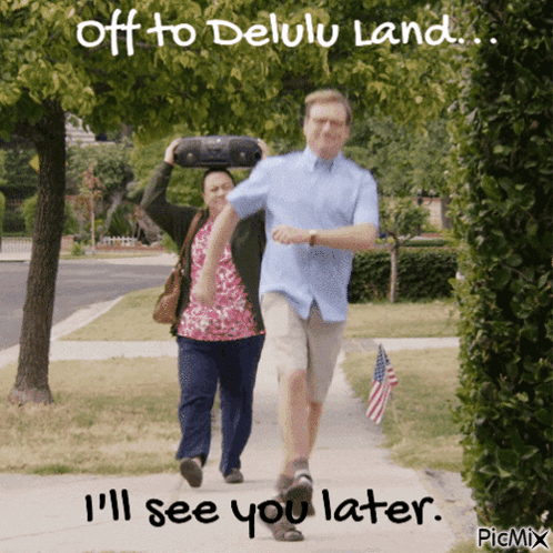 A Man And Woman Are Walking Down A Sidewalk With A Caption That Says Off To Delulu Land GIF
