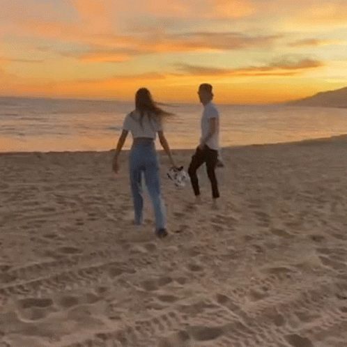 A Man And Woman Are Walking On The Beach At Sunset . GIF