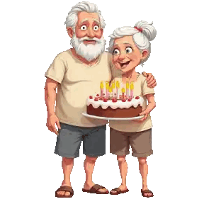 a man and woman holding a birthday cake with candles
