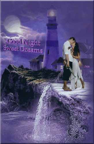 A Man And Woman Kissing In Front Of A Lighthouse With The Words Good Night Sweet Dreams GIF