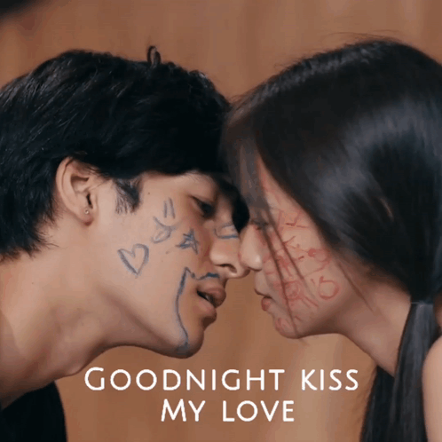 A Man And Woman Kissing With Hearts Drawn On Their Faces And The Words Goodnight Kiss My Love Below Them GIF
