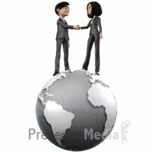 A Man And Woman Shake Hands On Top Of A Globe GIF