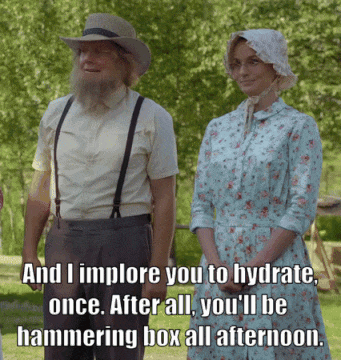 A Man And Woman Standing Next To Each Other With A Caption That Says " And I Implore You To Hydrate Once GIF