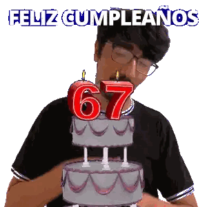 a man blows out a candle on a birthday cake that says 67