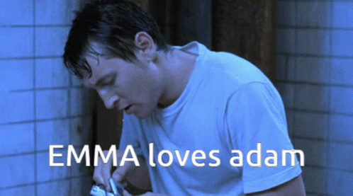 Man Brushing Teeth With Emma Loves Adam Text GIF