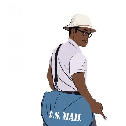 a man carrying a blue bag that says u.s. mail on it