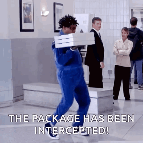 a man carrying a box of pizza with the words the package has been intercepted