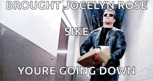 a man carrying a box with the words brought jocelyn rose sike youre going down